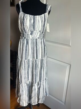 Striped White and Gray Tie-Shoulder Dress